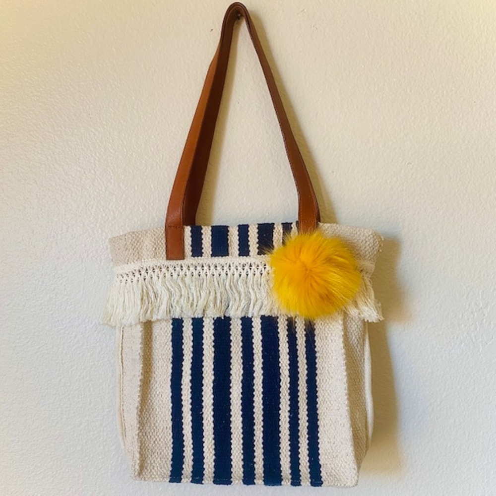 Adorable Tote bag w/Pom Pom Detail Keychain & Fringe - Navy/Cream/Golden Yellow